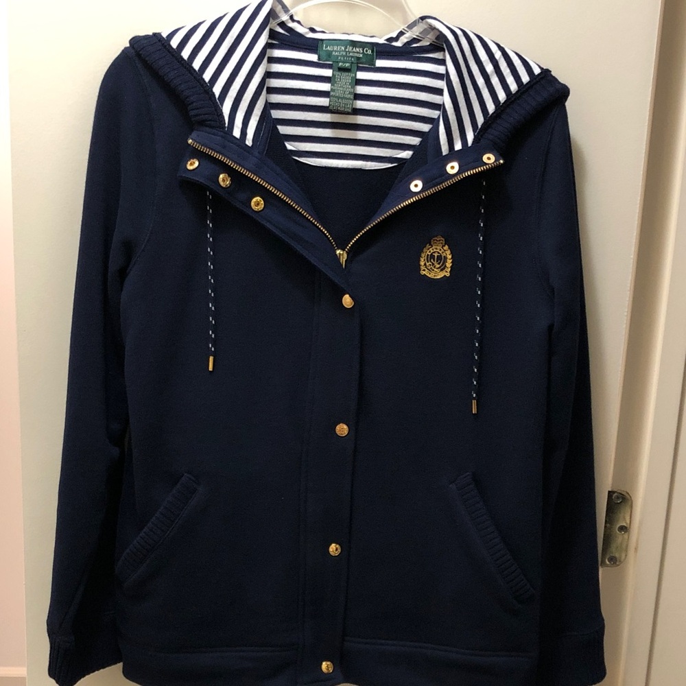 Lauren Ralph Lauren navy cotton hoodie with zipper & snap closure in size P/P.
